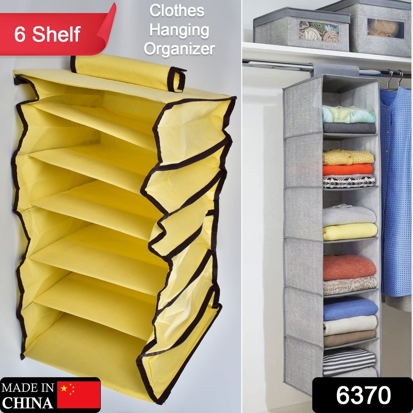 6370 6 Shelf Hanging Closet Organizer, Space Saver, Sweater & Clothing Shelves, Breathable Material Keeps Away Dust & Odors,