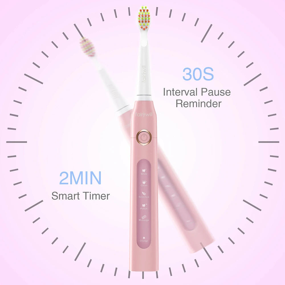 Fairywill FW-507 Sonic Electric Toothbrush 5 Modes USB Charger Tooth Brushes Replacement Timer Sonic Toothbrush 8 Brush Heads