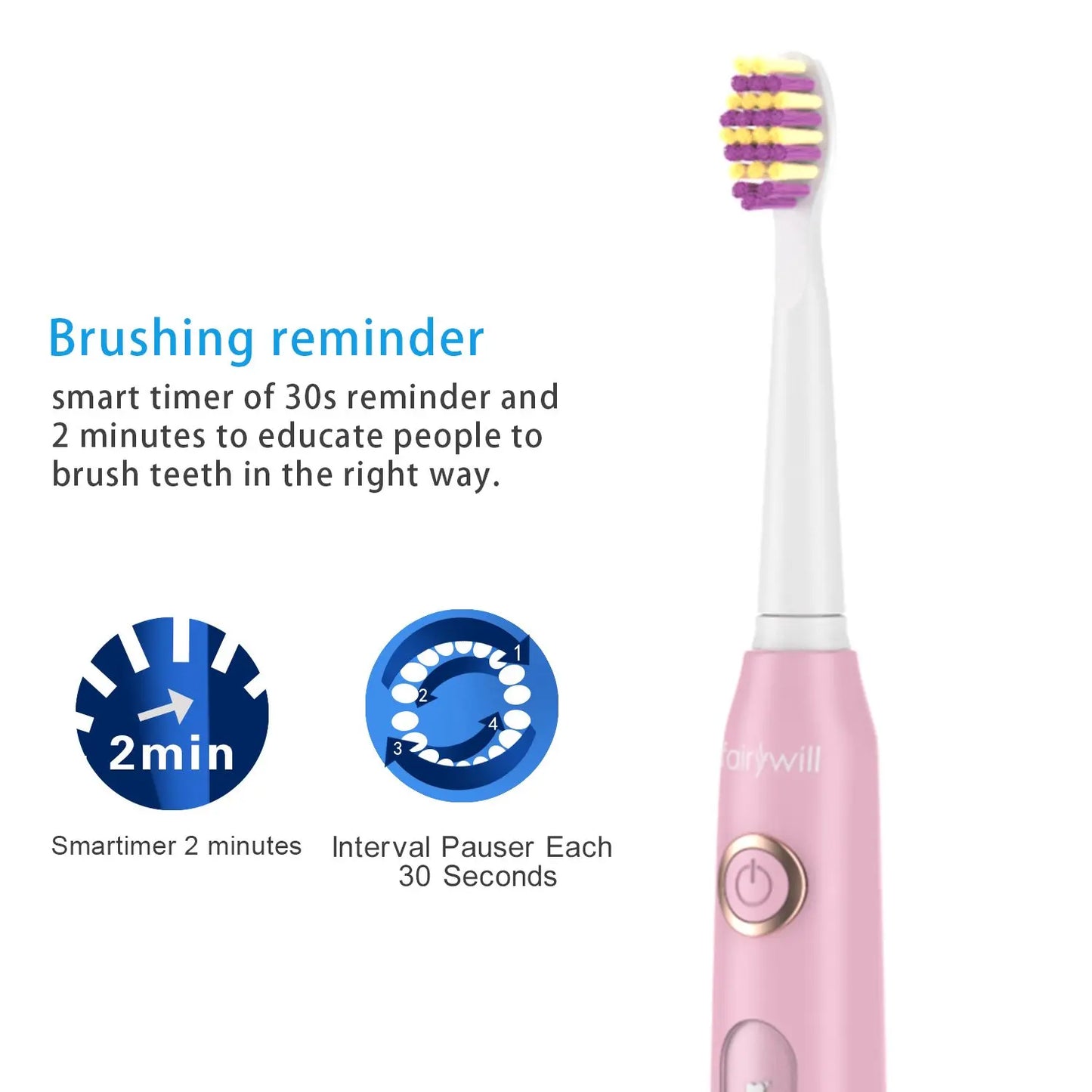 Fairywill FW-507 Sonic Electric Toothbrush 5 Modes USB Charger Tooth Brushes Replacement Timer Sonic Toothbrush 8 Brush Heads