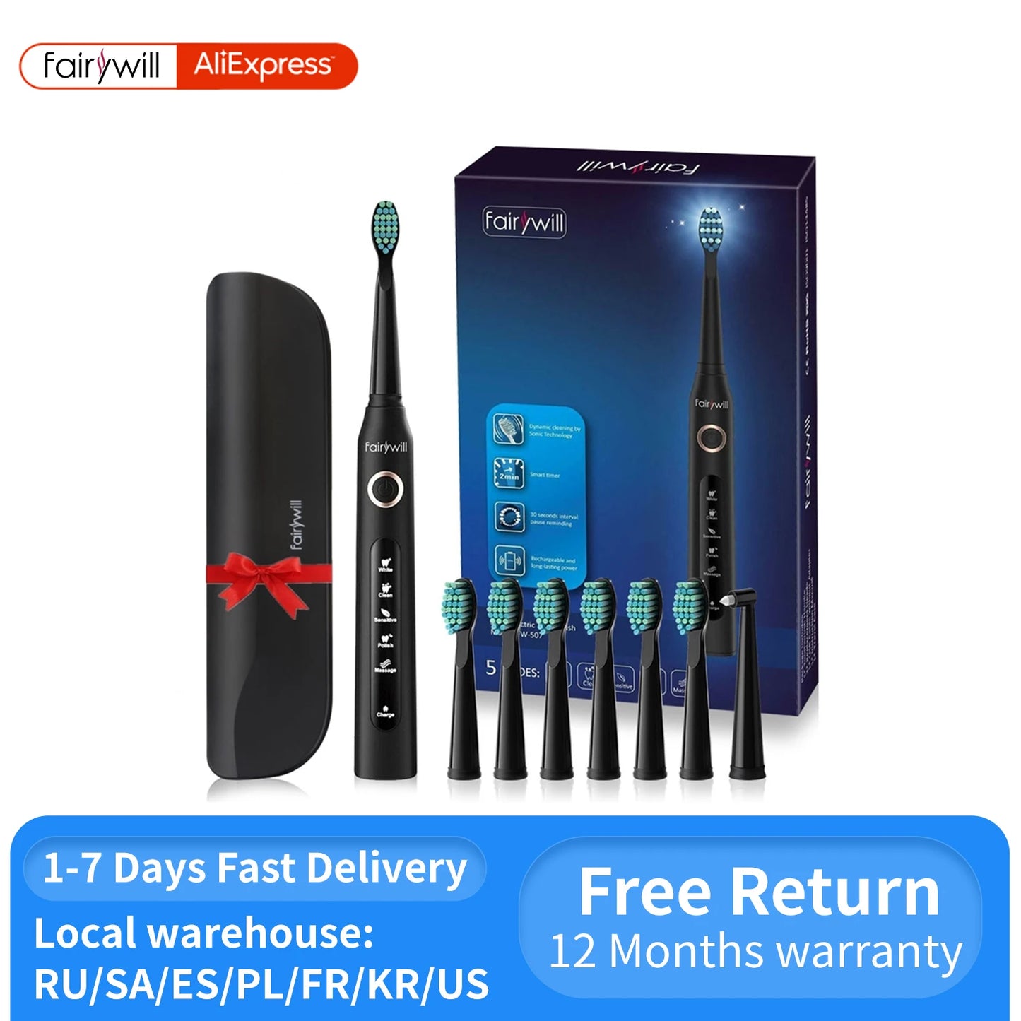 Fairywill FW-507 Sonic Electric Toothbrush 5 Modes USB Charger Tooth Brushes Replacement Timer Sonic Toothbrush 8 Brush Heads