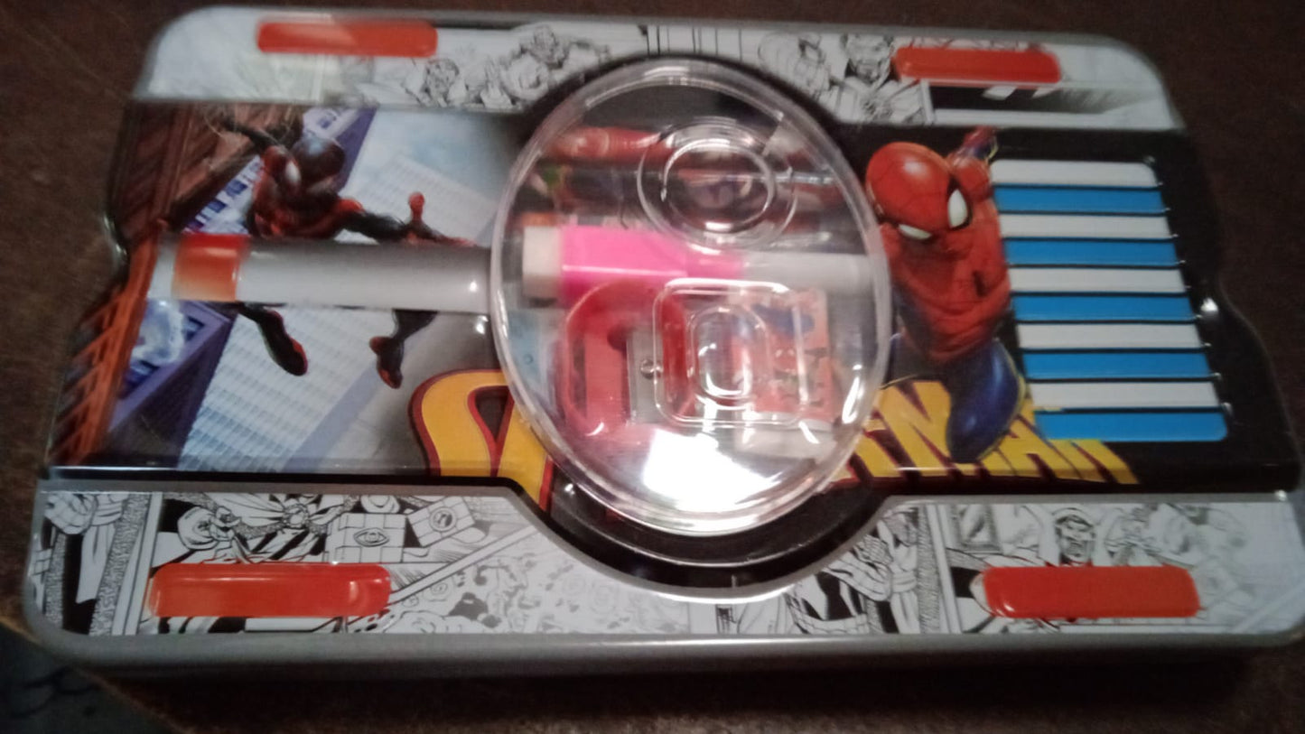 Big Cartoon Printed Metal Compass Box, Pencil Case With Sharpner, Eraser, Pencil, Marker & Scale for Kids Stationery Compass Box, Stationery Gift for School Kids Compass, Pencil Box, Birthday Return Gift for Kids (6 Pc Set)