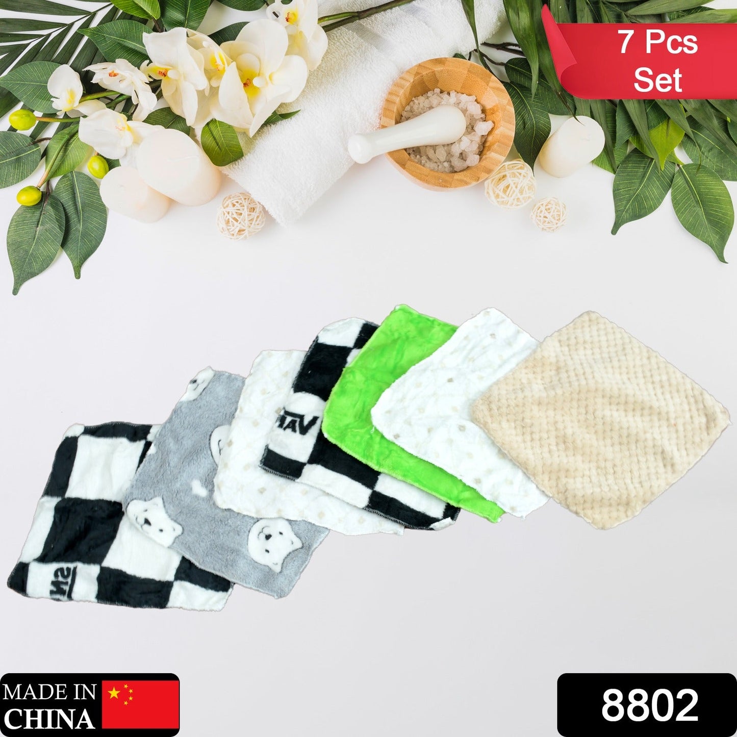 8802 Cotton Hand Towel Microfiber wash Basin Hanging Hand Towel Napkin Microfiber Cloth Cartoon Kitchen Accessories, Travel Friendly | Home & Kitchen Use ( 7 pcs Set )