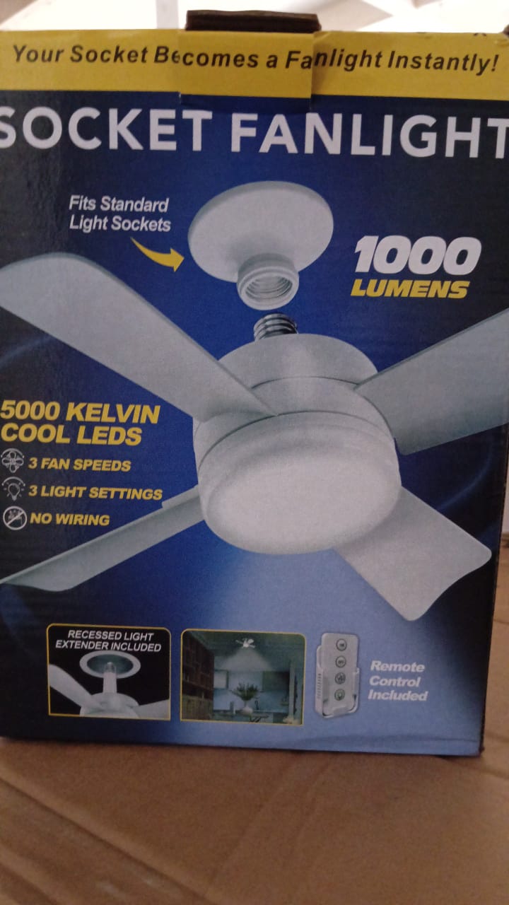Socket Fan Light Original - Cool Light LED โ Ceiling Fans with Lights and Remote Control, Replacement for Lightbulb - Bedroom, Kitchen, Living Room,1000 Lumens / 5000 Kelvins Cool LEDs (Remote Battery Not Included)
