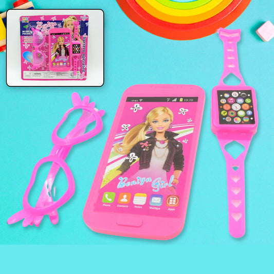 Barbiee Phone, Watch and Glasses Set for Girls, Beautiful Barbie Musical phone ABS Plastic Toy Battery Operated Barbie Glass | Musical Mobile Phone  / Toddler / Toy Phone for Kids / Calling Toy Phone (3 Pcs Set, Battery Not Included)