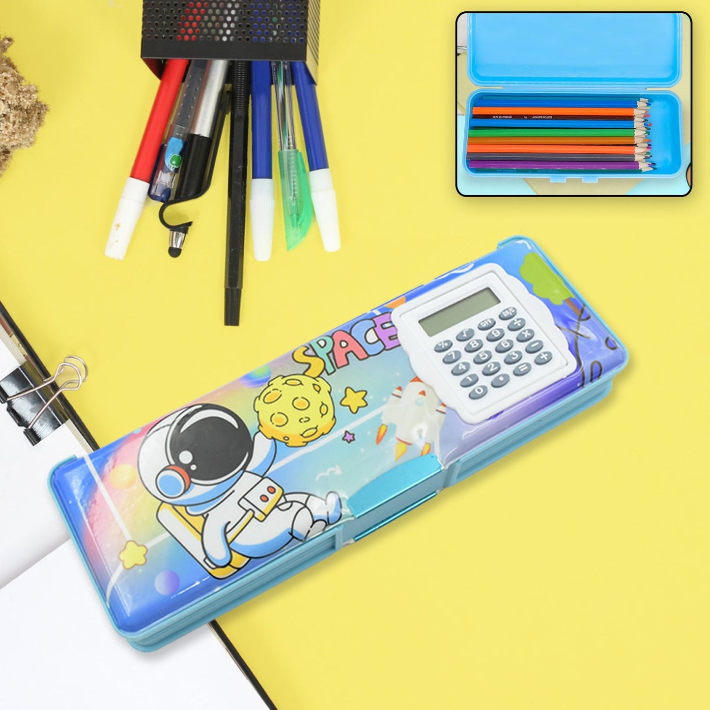 Double Sided Magnetic Geometry Box, Pencil Box with Calculator for Boys Art Plastic Pencil Box  for Girls and Boys