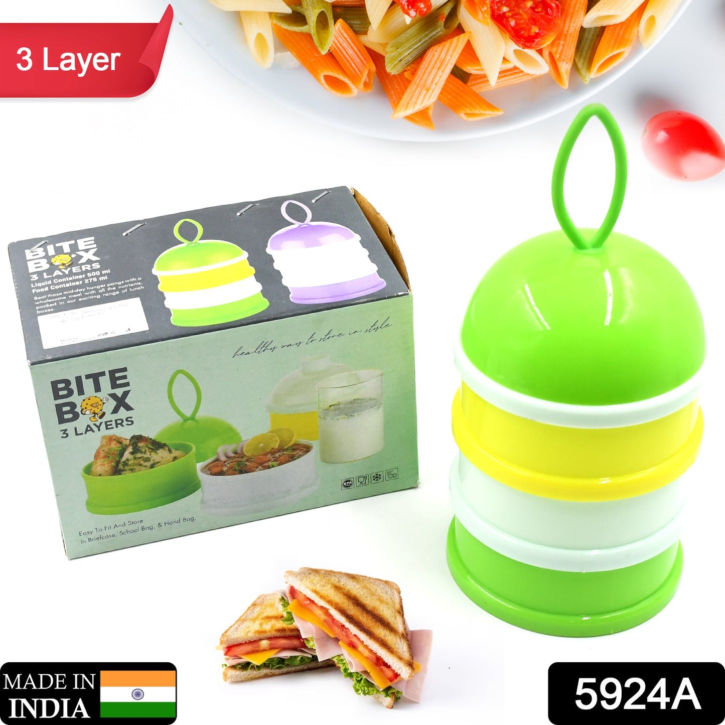 3 Layer Lunch Box Unique Design Bite Lunch Box With Liquid & Food Container Lunch Box (Green)