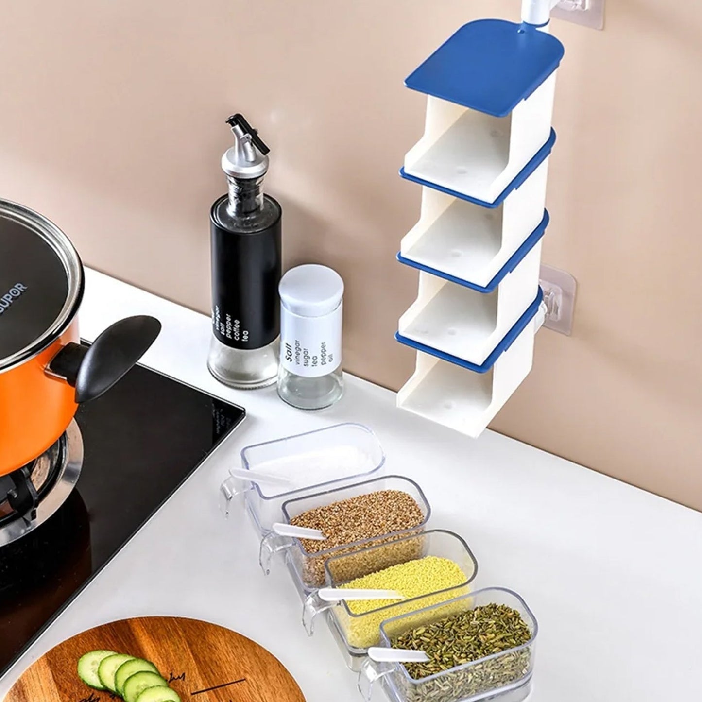 4 Layer Creative Adhesive Wall Hanging Rotary Seasoning Box Condiment Storage Container Kitchen with Spoon Pepper Sugar Spice Jar Rack Food