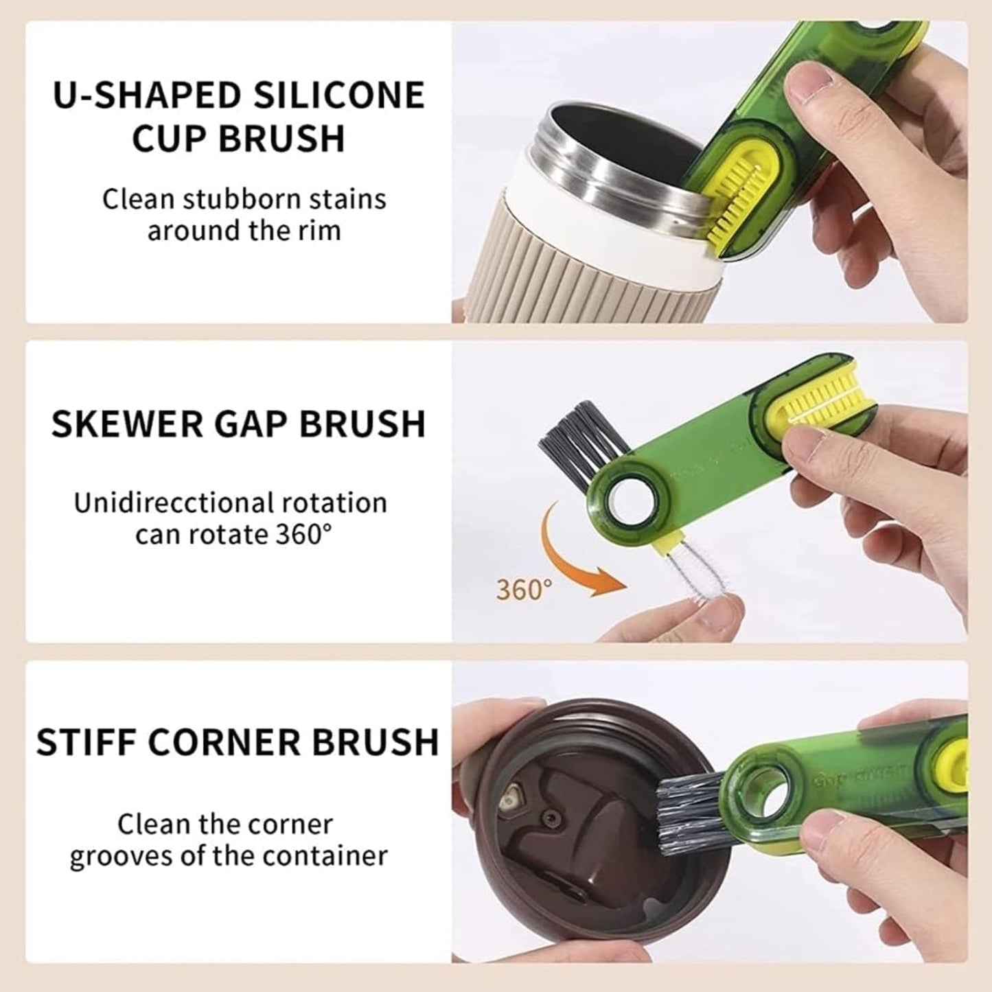 3in1 Multifunctional Cleaning Brush, Bottle Cleaning Brush, Cup Cleaner Brush, for Bottle Cup Cover Lid Home Kitchen Cleaning Tool (1 Pc / Mix Color)