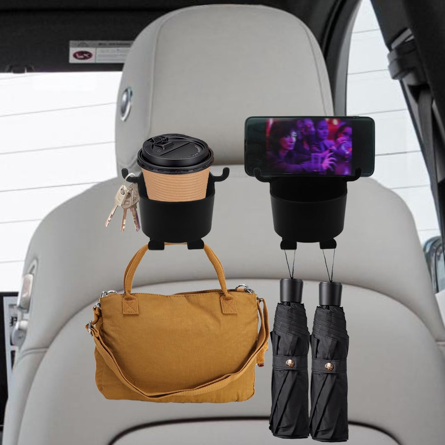 Car Headrest Backseat Organizer, 3 in 1 Automotive Cell Phone Drink cupholder Adapter with Headrest Hooks for Kids and Adults, Multifunctional Storage for Car Travel Accessories