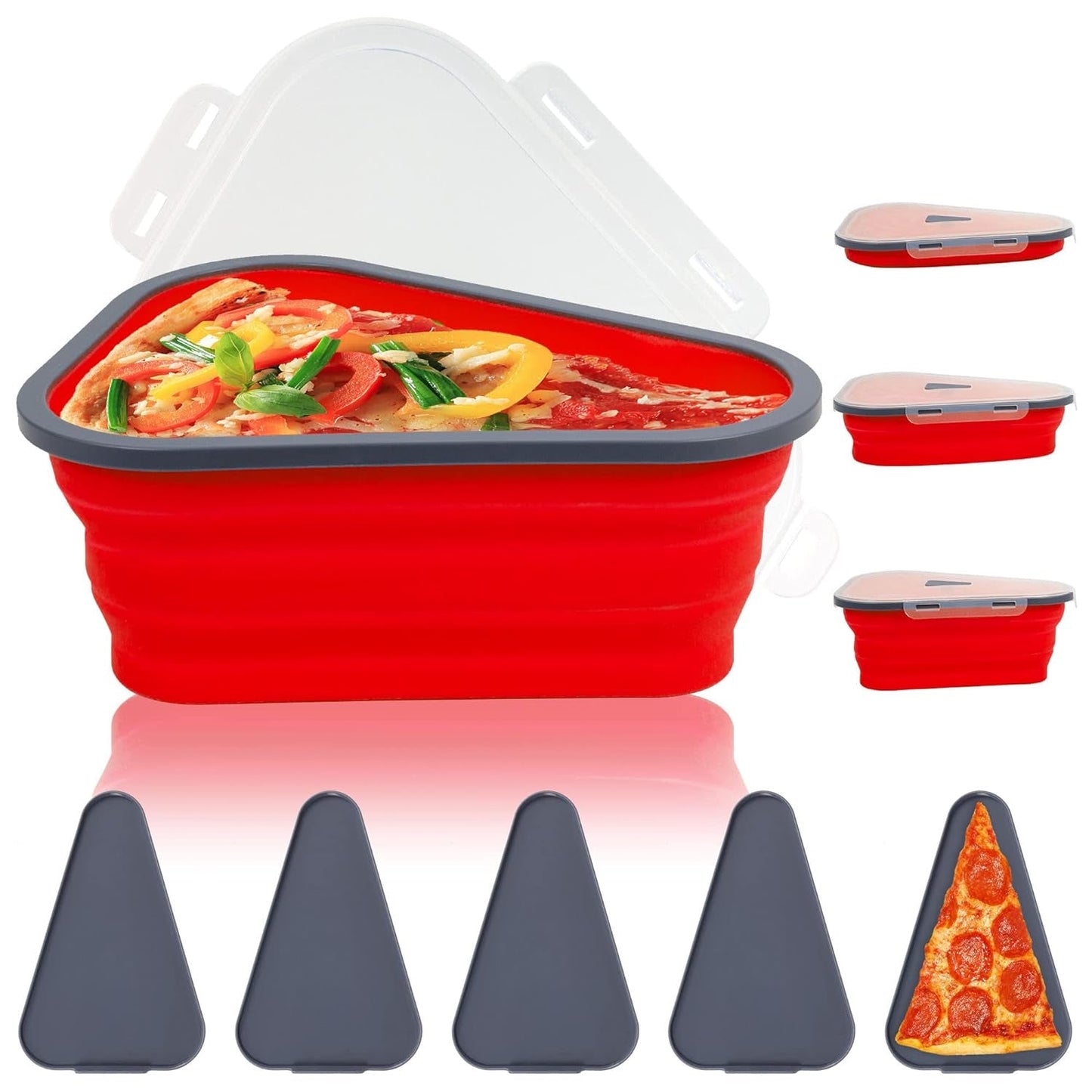 Reusable Pizza Storage Containers with 5 Microwavable Serving Trays, Silicone Container Expandable & Adjustable for Packing Pizza at home / outdoor