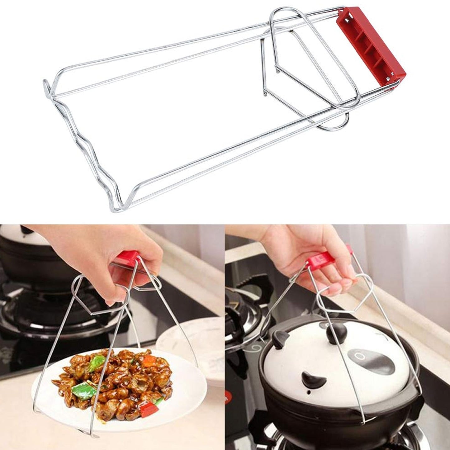 Kitchen Tongs Stainless Steel Pot Pan Gripper Clip Red Handle Take Bowl Clip Gripper Multi-Purpose Bowl Kitchen Accessories Kitchen Tongs Stainless Steel For Restaurants for Kitchen