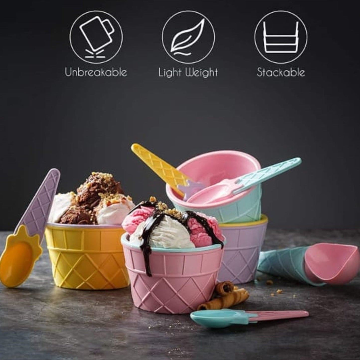 5320 Ice-Cream Waffle Spoon Bowel Cup Set | Premium ice Cream Set | Ice-Cream Bowel with Spoon 2pc Couple Bowl Set 