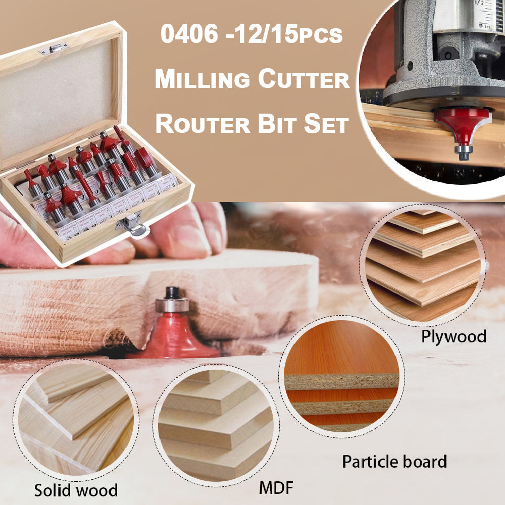 12 / 15pcs Milling Cutter Router Bit Set