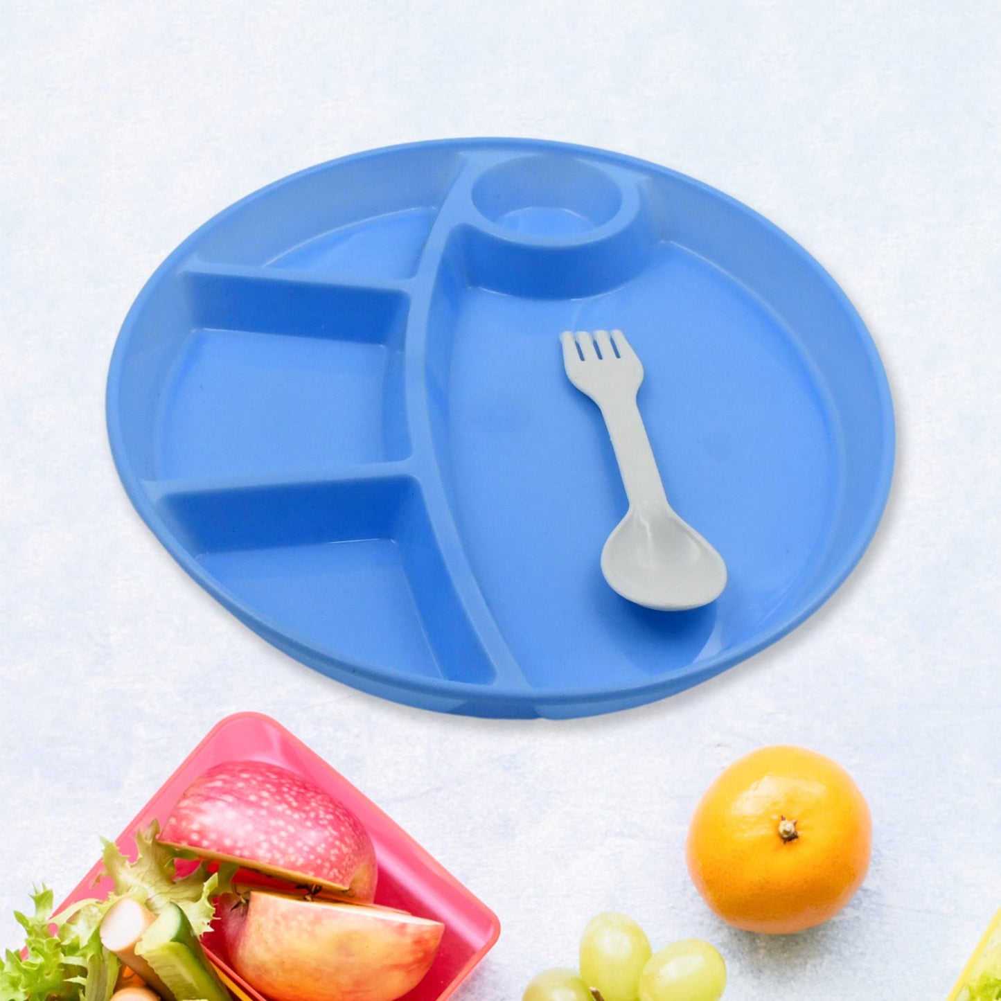 Plastic Food Plates / Biodegradable 5 Compartment Plate With Spoon for Food Snacks / Nuts / Desserts Plates for Kids, Reusable Plates for Outdoor, Camping, BPA-free (1 Pc)