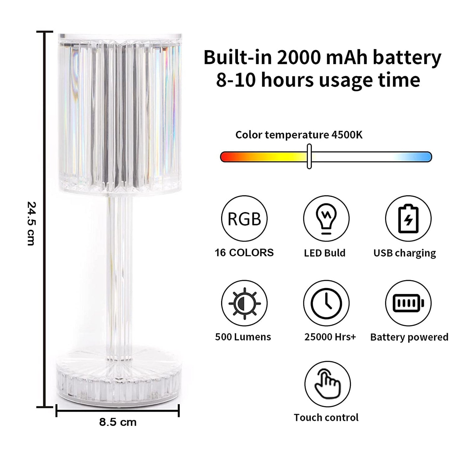 6605 Crystal Table Lamp , Touch Control Atmosphere Nightstand Lamp With USB Charging Line 