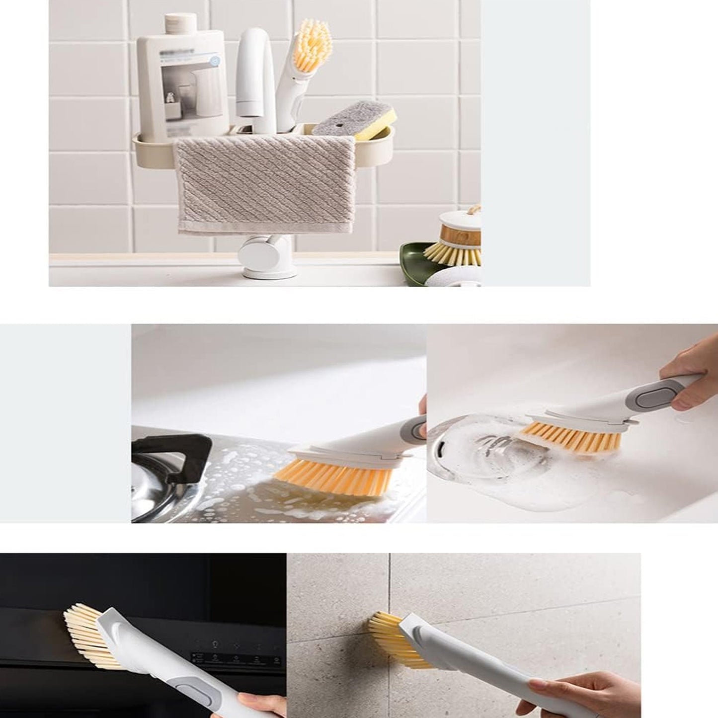 Cleaning Brushes Set, Scrub Brush Bathroom Brush, Long Handle Liquid Dispenser Pot Washing Brush