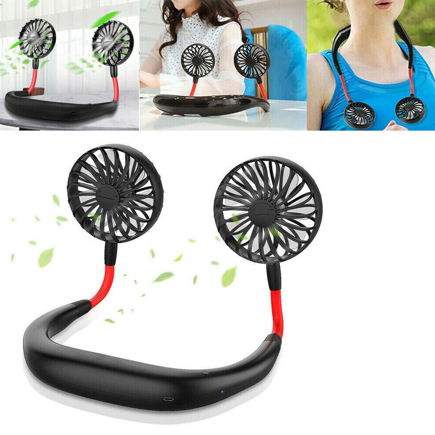 Hand Free Personal Fan - Portable USB Battery Rechargeable With Battery Comaprtment Mini Fan - Headphone Design Wearable Neckband Fan Necklance Fan Cooler Fan for Home, Sport, Camping, Beach, Travel, Office (Battery Not Included)