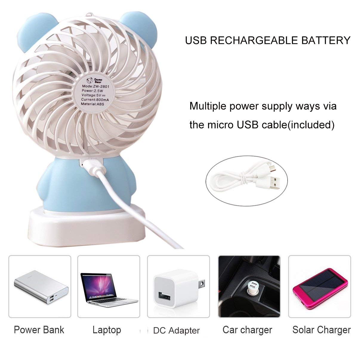 7633 Mini Portable Fan USB Rechargeable Handheld Rabbit Style Color Changing LED Light Pocket Desk Light Fan 