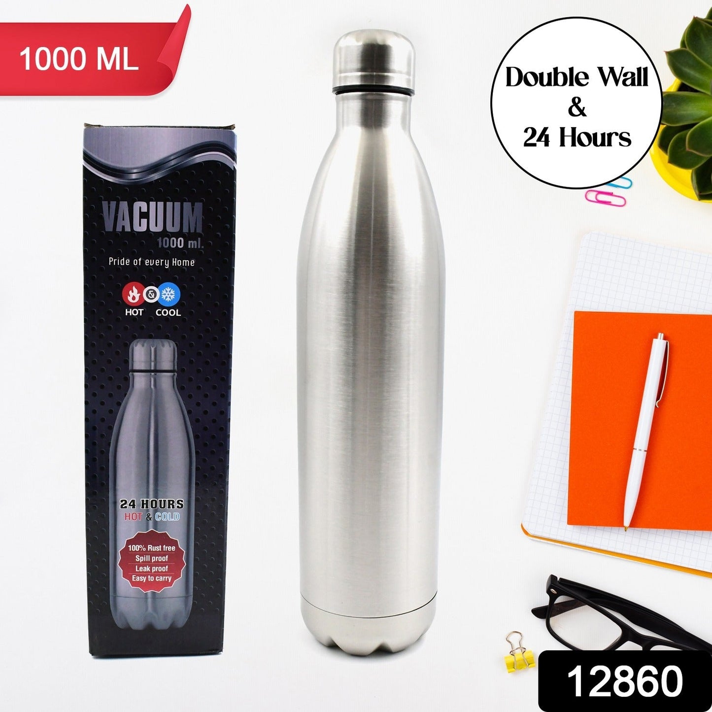 Vacuum Stainless Steel Double Wall Water Bottle, Fridge Water Bottle, Leak Proof, Rust Proof, Cold & Hot Thermos steel Bottle| Leak Proof | Office Bottle | Gym | Home | Kitchen | Hiking | Trekking | Travel Bottle (1000 ML)