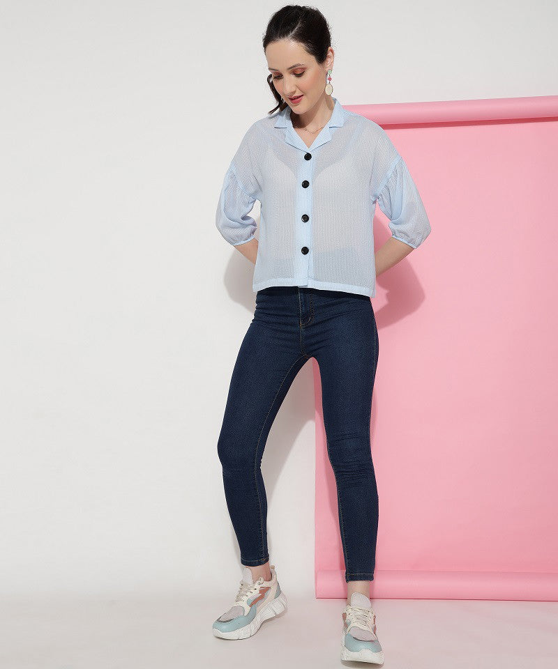 Sky Blue Plain Casual Wear Shirt For Women