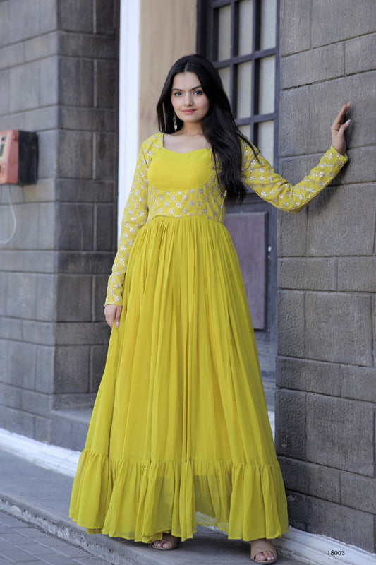 Yellow Faux Blooming Stylish Long Women's Gown