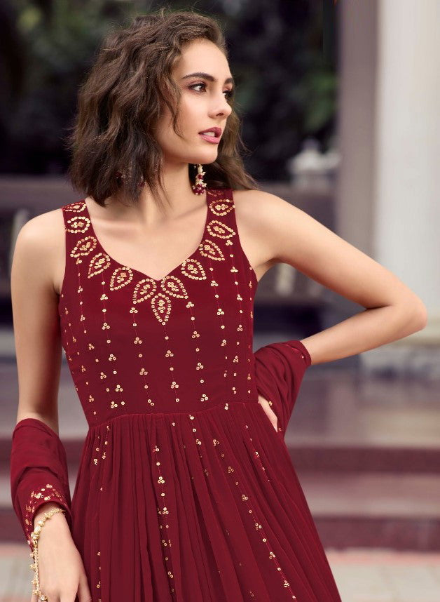 Maroon Wedding Wear Women's Gown With Stylish Dupatta