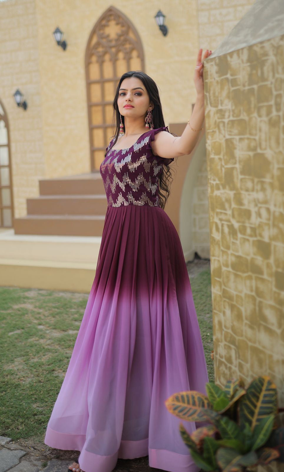 Womens Purple Color Embroidery And Zari Sequins work Party Wear Gown