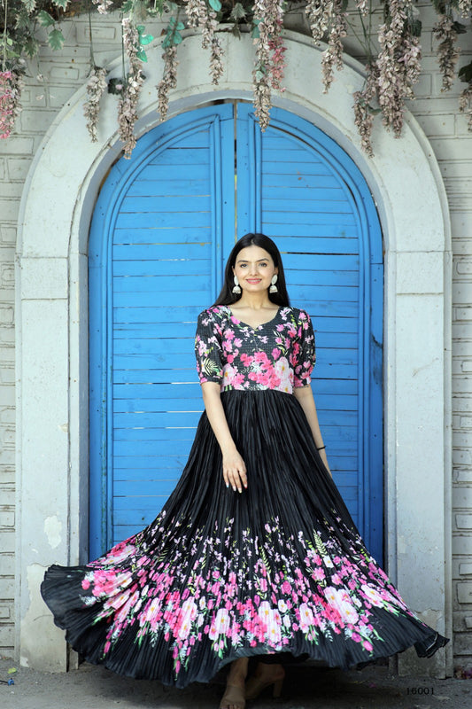 Black Floral Designer Party Wear Full Flared Long Gown