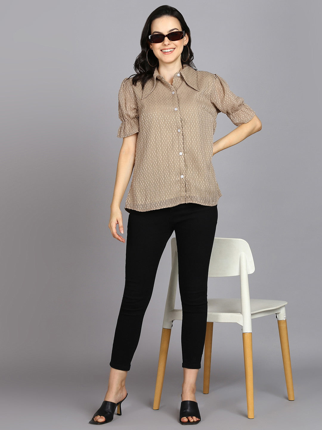 Beige Spread Collar Shirt with Short Sleeves