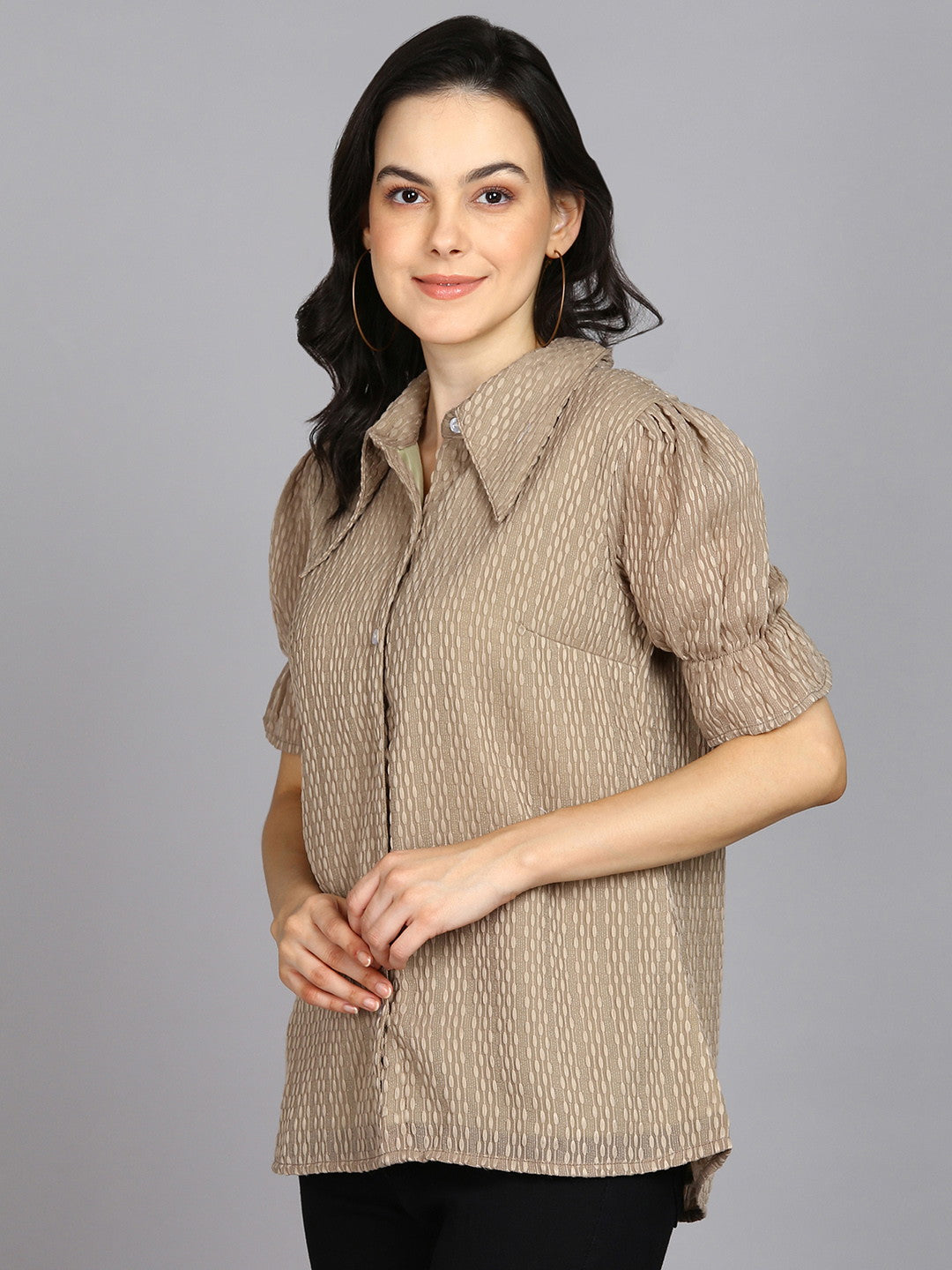 Beige Spread Collar Shirt with Short Sleeves