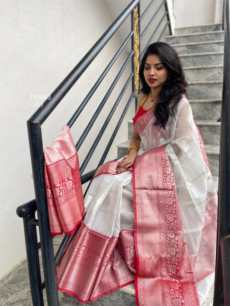 Festive Wear Soft Silk White Jacquard Weaving Saree