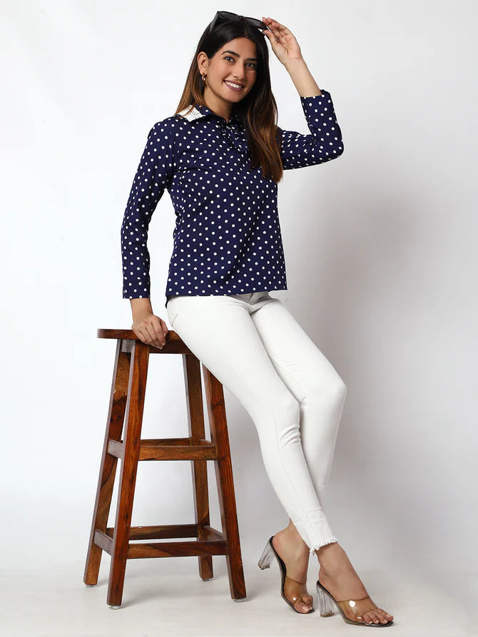 Casual Printed Women Dark Blue Round Neck Top