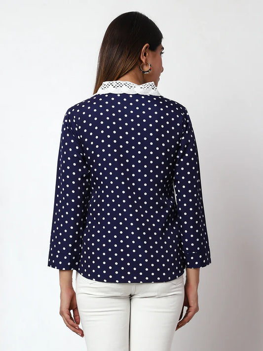 Casual Printed Women Dark Blue Round Neck Top