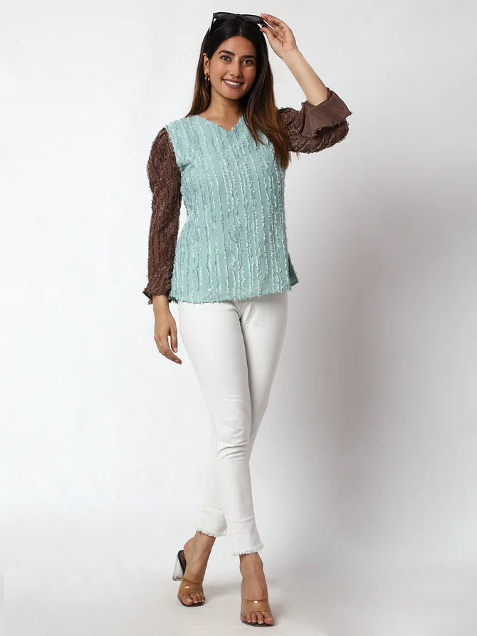 Casual Embellished Women Light Blue,Brown V-Neck Top
