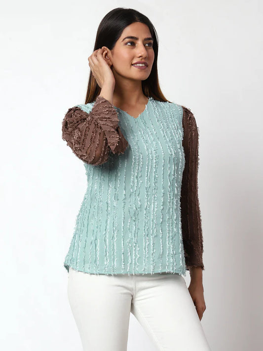 Casual Embellished Women Light Blue,Brown V-Neck Top