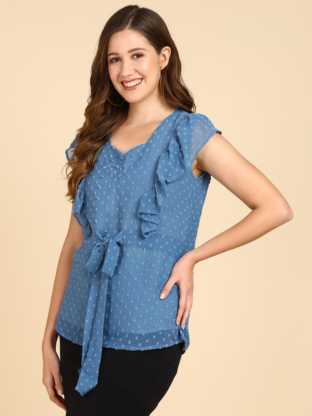 Casual Self Design Women Blue Sweetheart Neck Top