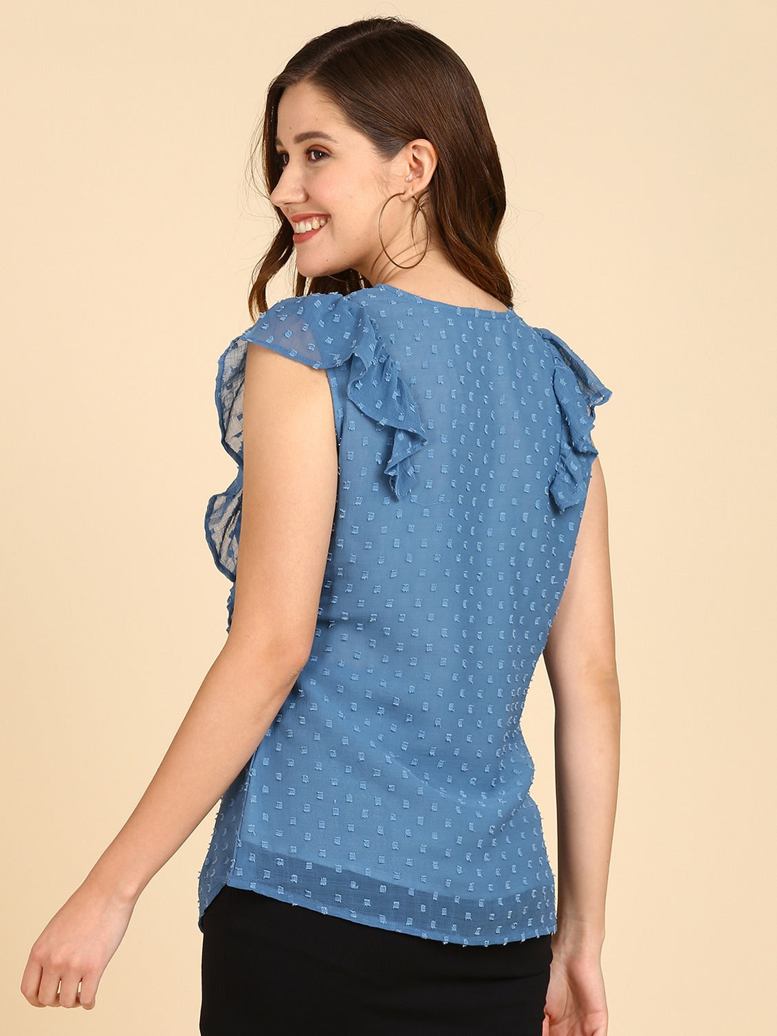 Casual Self Design Women Blue Sweetheart Neck Top