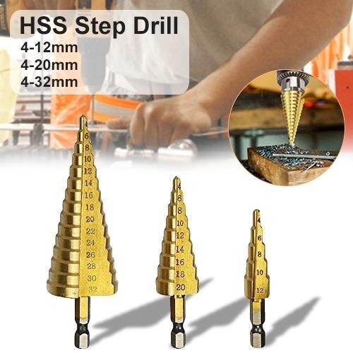 ' - 3X Large HSS Steel Step Cone Drill Titanium Bit Set Hole Cutter (4 - 32, 4 - 20, 4 - 12mm) - Jaatara' - 3X Large HSS Steel Step Cone Drill Titanium Bit Set Hole Cutter (4 - 32, 4 - 20, 4 - 12mm)JaataraJaataraJaatara