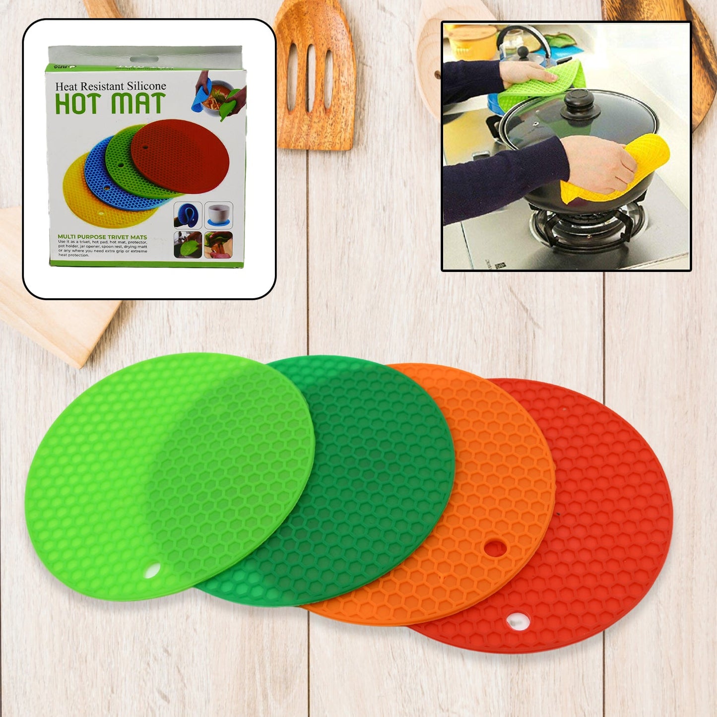 4 Pc Silicon Hot Mat For Placing Hot Vessels And Utensils Over It Easily Without Having Any Visible Marks On Surfaces.