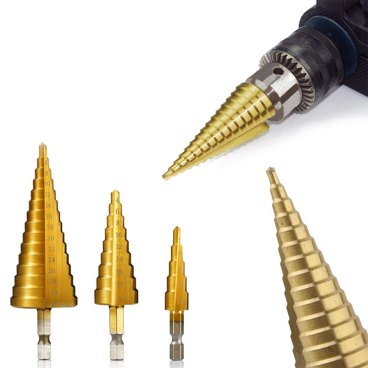 ' - 3X Large HSS Steel Step Cone Drill Titanium Bit Set Hole Cutter (4 - 32, 4 - 20, 4 - 12mm) - Jaatara' - 3X Large HSS Steel Step Cone Drill Titanium Bit Set Hole Cutter (4 - 32, 4 - 20, 4 - 12mm)JaataraJaataraJaatara