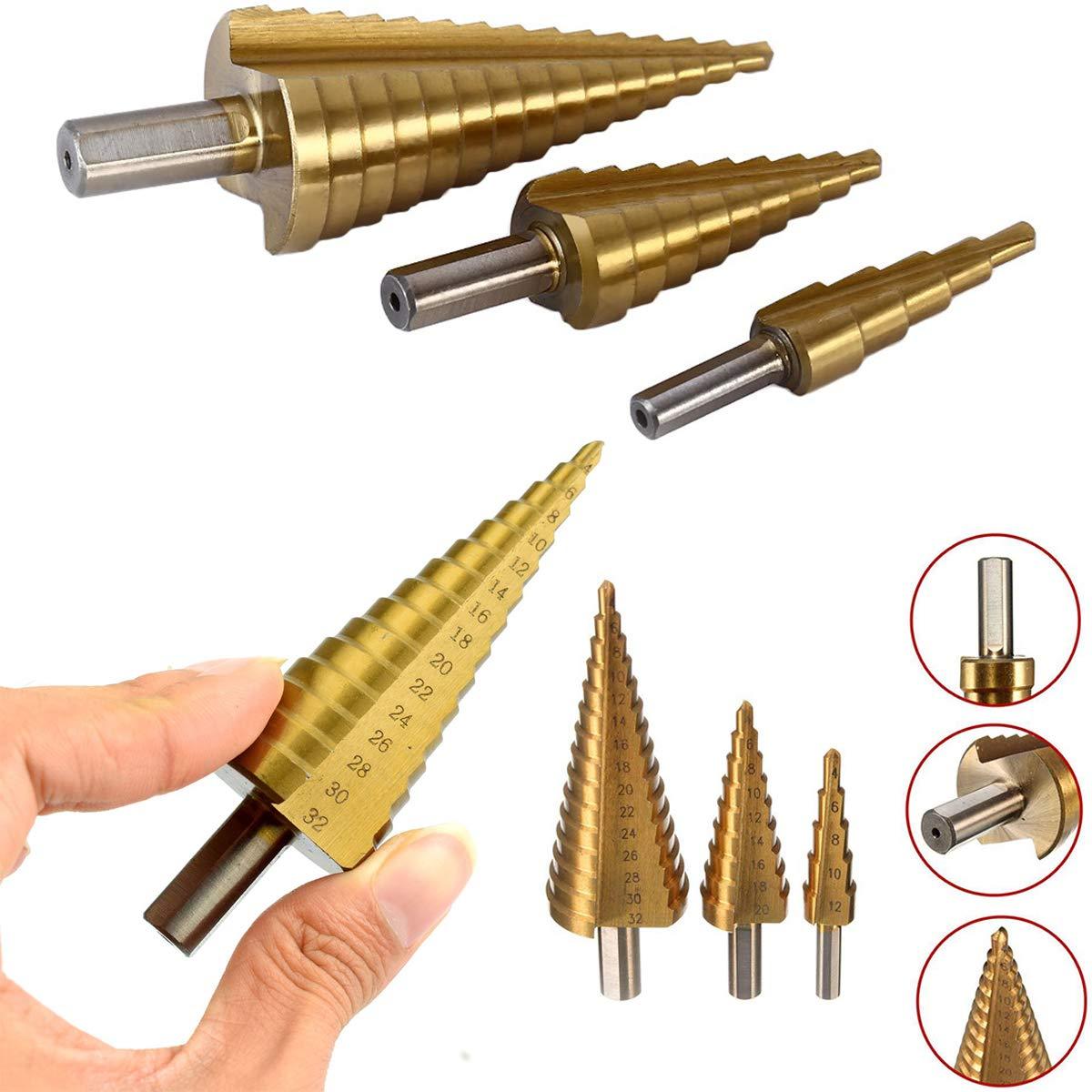 ' - 3X Large HSS Steel Step Cone Drill Titanium Bit Set Hole Cutter (4 - 32, 4 - 20, 4 - 12mm) - Jaatara' - 3X Large HSS Steel Step Cone Drill Titanium Bit Set Hole Cutter (4 - 32, 4 - 20, 4 - 12mm)JaataraJaataraJaatara