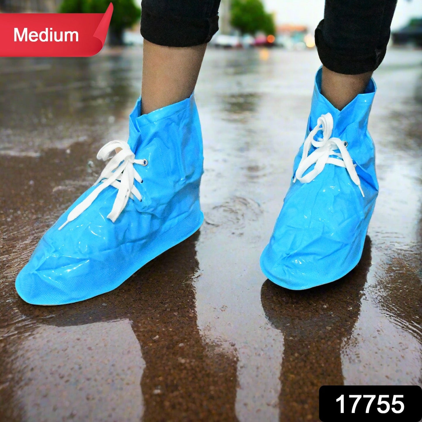 Plastic Shoes Cover Reusable Anti-Slip Boots Zippered Overshoes Covers & Shoe laces Waterproof Snow Rain Boots for Kids / Adult Shoes, for Rainy Season (1 Pair)