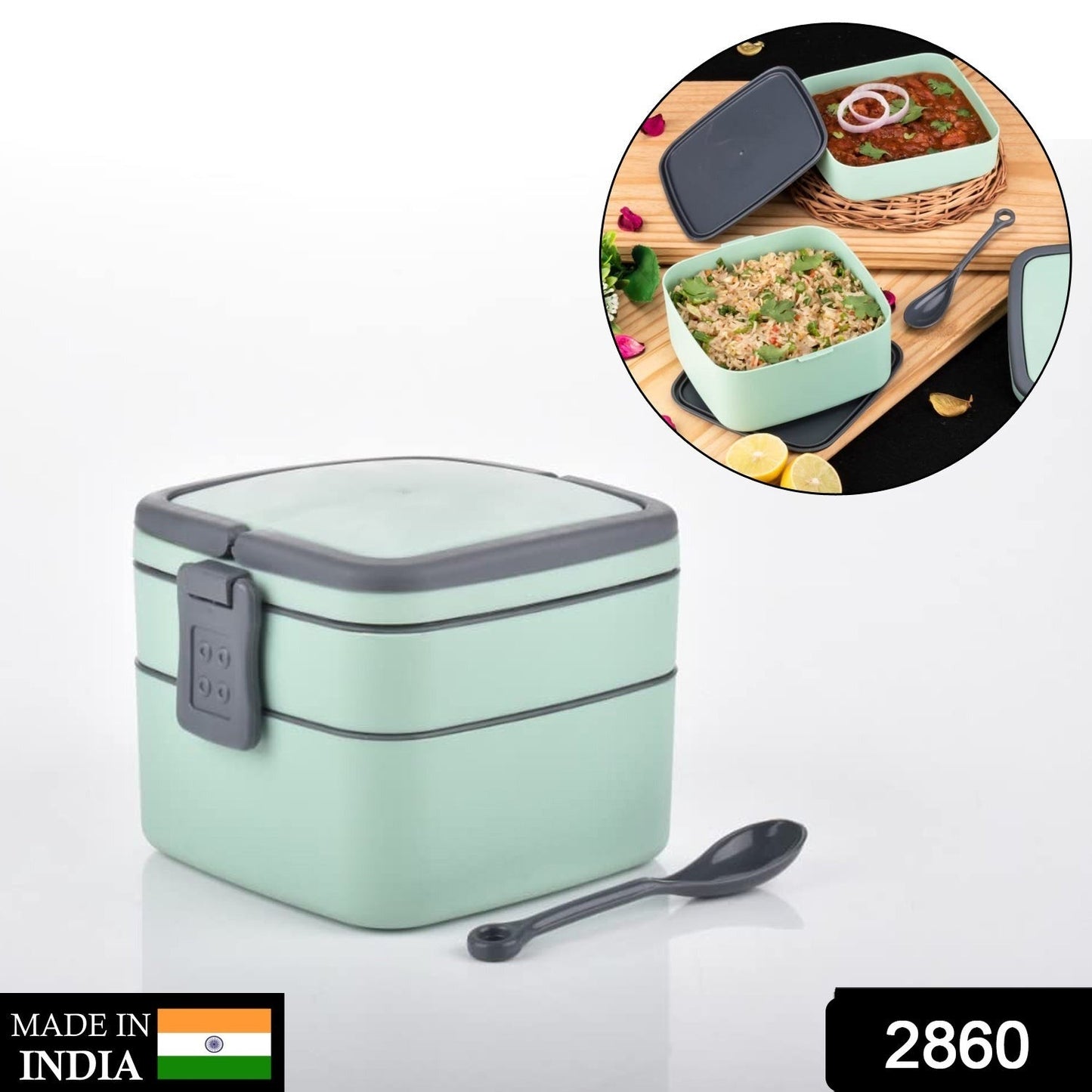 GREEN DOUBLE-LAYER PORTABLE LUNCH BOX STACKABLE WITH CARRYING HANDLE AND SPOON LUNCH BOX , Bento Lunch Box