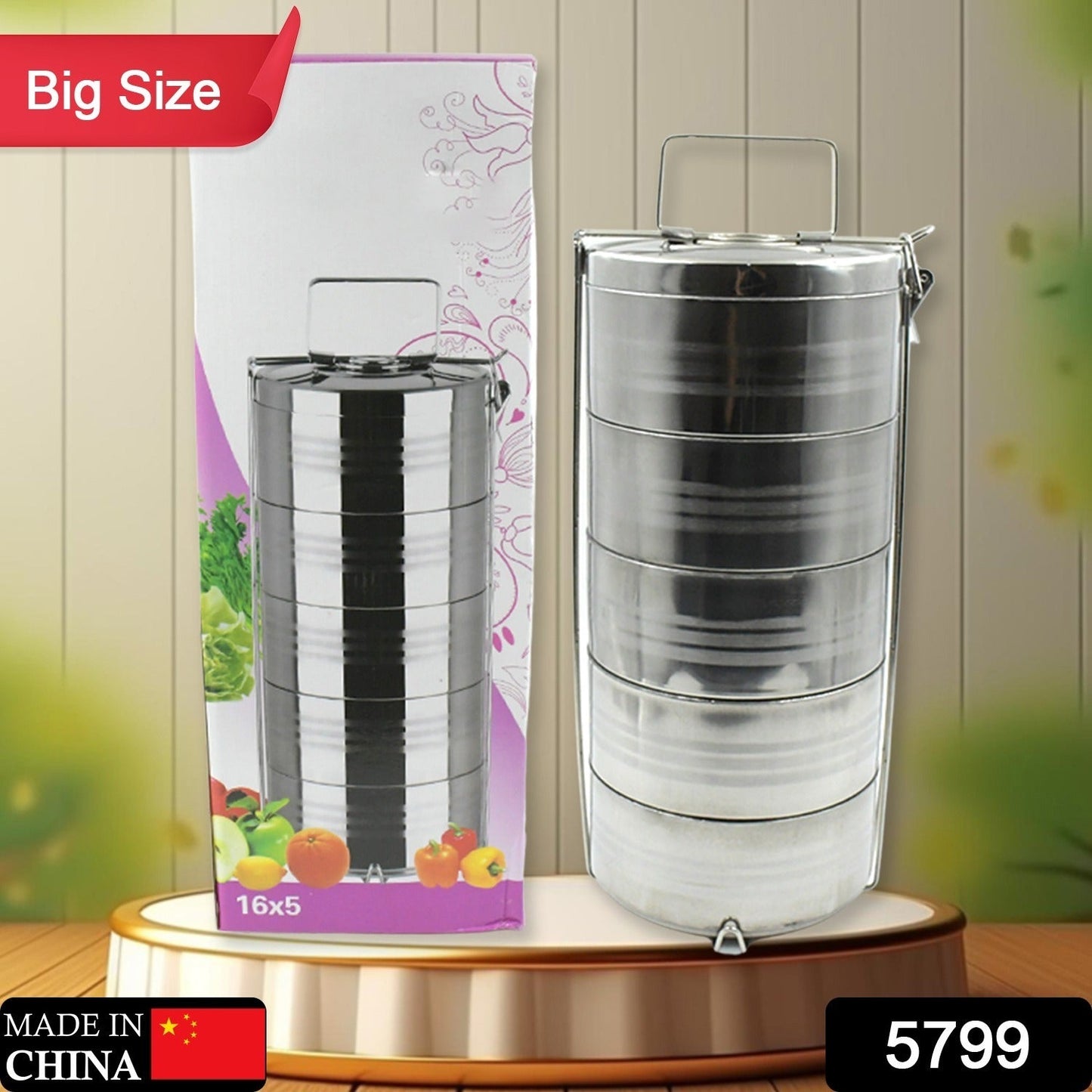 5799 Big Size 5 Compartment Lunch Box Stainless Steel Round Tiffin Traditional Tiffin Box for Kids, College, Office Men and Women Meal Holder with Locking Clip 5 Containers (16x5 Inch)