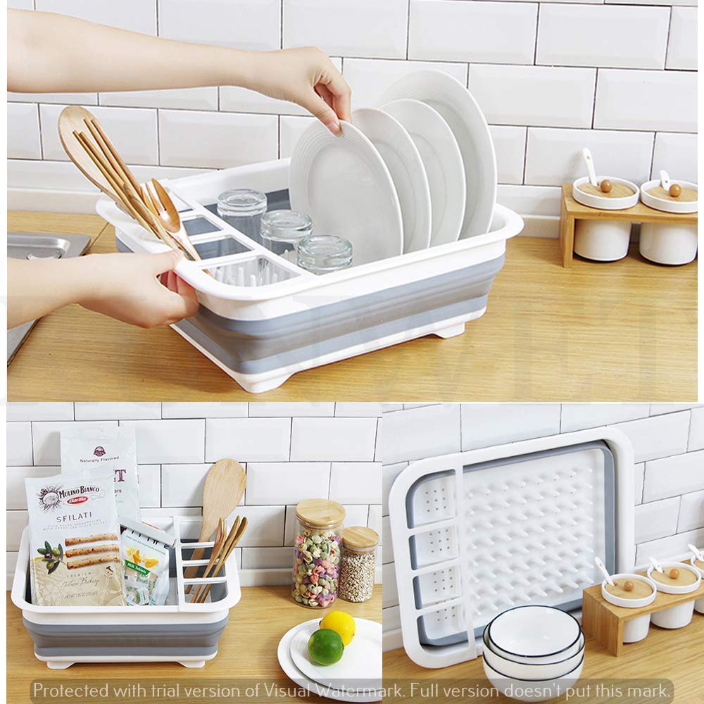 0804B Collapsible Folding Silicone Dish Drying Drainer Rack with Spoon Fork Knife Storage Holder (Brown Box) 