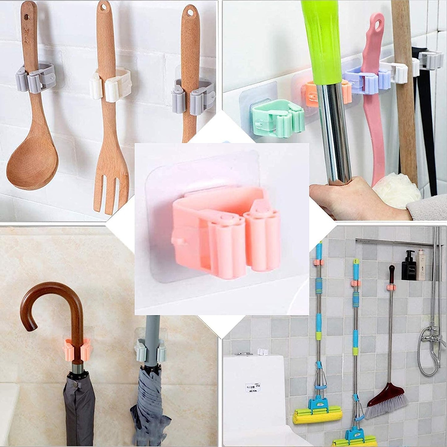 Broom Holder Wall Mounted, Mop and Broom Holder Broom Organizer Grip Clips, No Drilling, Wall Mounted Storage Rack Storage & Organization for Kitchen, Bathroom, Garden