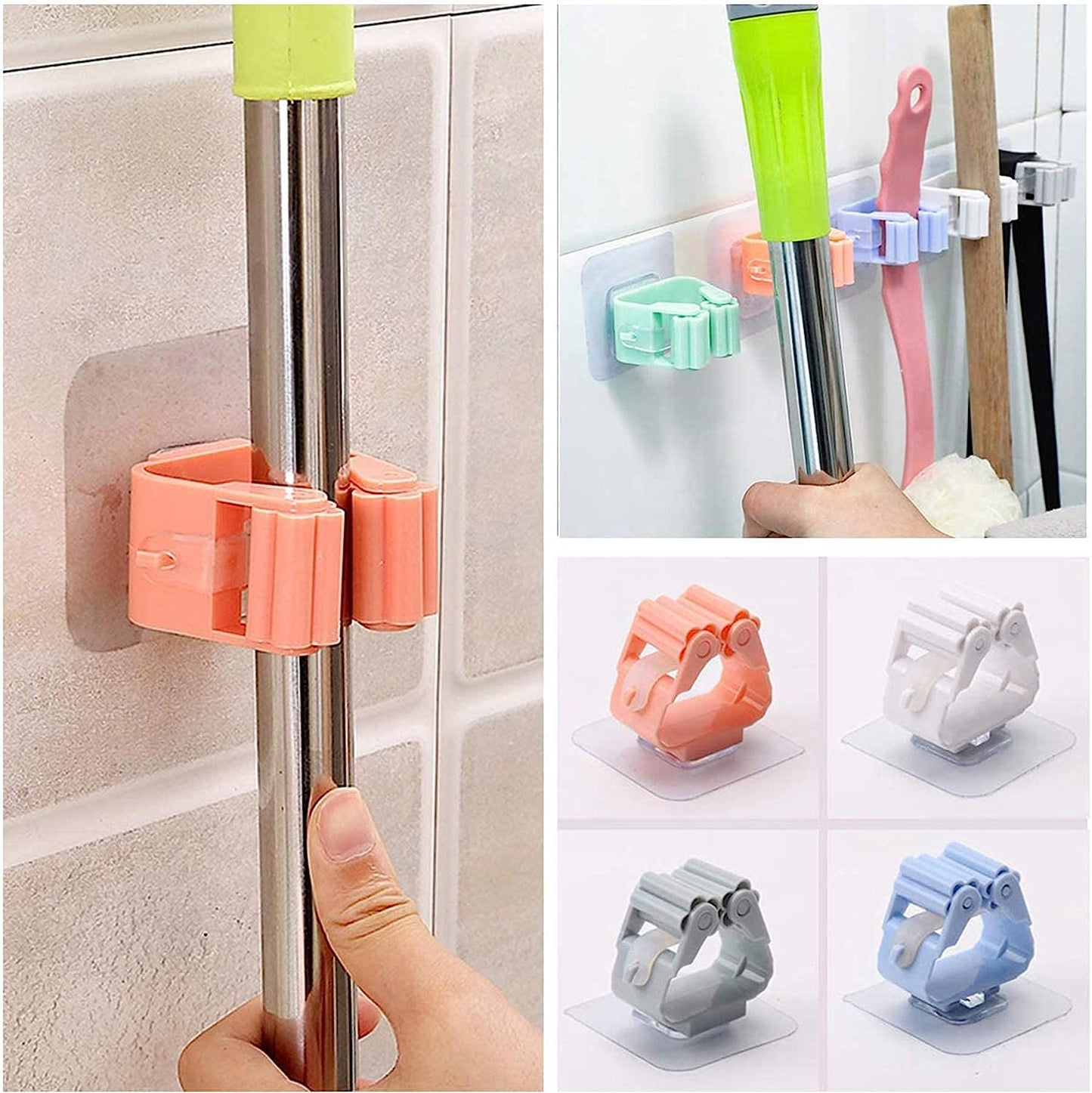 Broom Holder Wall Mounted, Mop and Broom Holder Broom Organizer Grip Clips, No Drilling, Wall Mounted Storage Rack Storage & Organization for Kitchen, Bathroom, Garden