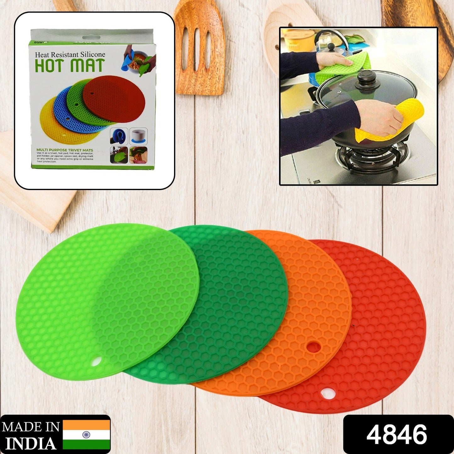 4 Pc Silicon Hot Mat For Placing Hot Vessels And Utensils Over It Easily Without Having Any Visible Marks On Surfaces.