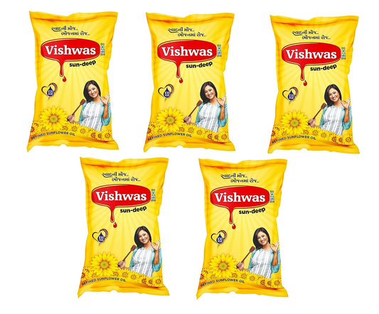 Vishwas Sunflower Oil Jar & Pouch | Refined Sunflower Oil 100% Natural and Pure Sunflower Cooking Oil (Pack Of 5)