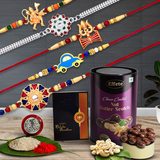 DeoDap (K5_NC10_BS) Multicolor Rakhi Combo - Floral Patterned Silver & colorful, Hanuman, Shiva's Trident, Car shaped Kids Rakhis Kids | Effete Chocolate Butter Scotch | Silver Color Pooja Coin | Roli Chawal | Greeting Card | Occasion | Rakhi for brother